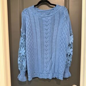 Blue Knit Sweater with Lace Sleeves